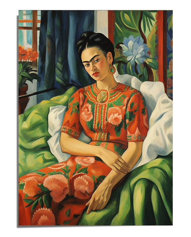 A detailed portrait of Frida Kahlo reclining on a bed of green pillows, dressed in a red embroidered dress with floral designs. Her dark hair is pulled back, and she wears large golden earrings. She rests one arm on her lap while gazing thoughtfully forward. Behind her, a window framed by green curtains lets in natural light, illuminating a view of lush plants and vibrant flowers. The composition conveys a sense of elegance, introspection, and artistic depth.