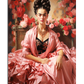 A regal portrait of Frida Kahlo seated gracefully on a wicker bench, surrounded by blooming roses in shades of pink and red. She wears a voluminous pink gown with ruffled fabric, a black embroidered bodice, and a draped shawl. Her dark braided hair is styled into an intricate updo, and she wears a bold golden necklace. Her strong gaze and poised posture contrast with the soft floral background, creating a composition of elegance and power.