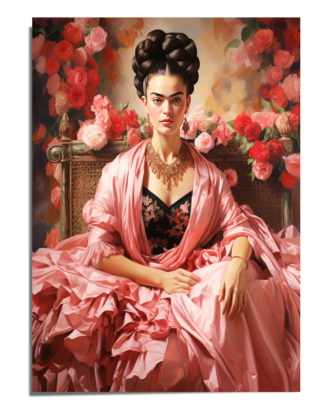 A regal portrait of Frida Kahlo seated gracefully on a wicker bench, surrounded by blooming roses in shades of pink and red. She wears a voluminous pink gown with ruffled fabric, a black embroidered bodice, and a draped shawl. Her dark braided hair is styled into an intricate updo, and she wears a bold golden necklace. Her strong gaze and poised posture contrast with the soft floral background, creating a composition of elegance and power.