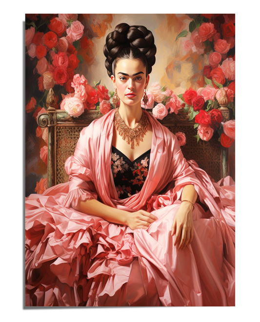 A regal portrait of Frida Kahlo seated gracefully on a wicker bench, surrounded by blooming roses in shades of pink and red. She wears a voluminous pink gown with ruffled fabric, a black embroidered bodice, and a draped shawl. Her dark braided hair is styled into an intricate updo, and she wears a bold golden necklace. Her strong gaze and poised posture contrast with the soft floral background, creating a composition of elegance and power.