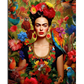 A stunning portrait of Frida Kahlo wearing a black embroidered blouse with colorful floral details, her dark braided hair adorned with red flowers. She gazes forward with intensity, wearing red drop earrings. A vibrant parrot sits on her shoulder, surrounded by exotic flowers, lush green leaves, and colorful birds, creating a rich and tropical atmosphere.