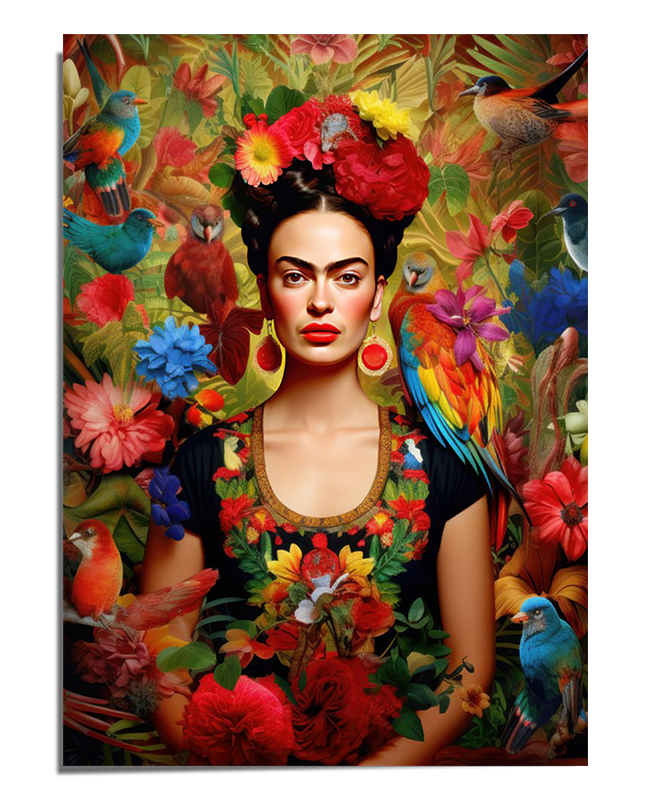 A stunning portrait of Frida Kahlo wearing a black embroidered blouse with colorful floral details, her dark braided hair adorned with red flowers. She gazes forward with intensity, wearing red drop earrings. A vibrant parrot sits on her shoulder, surrounded by exotic flowers, lush green leaves, and colorful birds, creating a rich and tropical atmosphere.