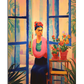 A serene portrait of Frida Kahlo standing near an open blue window, dressed in a flowing pink shawl and a dark blue skirt. Her hair is styled in braids and adorned with bright red and pink flowers. The room is bathed in warm golden light, and a wooden table nearby holds a potted plant with vibrant orange flowers. Greenery peeks in through the window, adding a fresh and tranquil atmosphere.