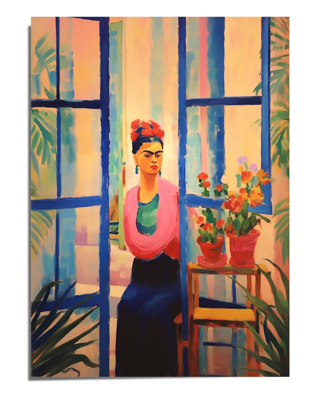 A serene portrait of Frida Kahlo standing near an open blue window, dressed in a flowing pink shawl and a dark blue skirt. Her hair is styled in braids and adorned with bright red and pink flowers. The room is bathed in warm golden light, and a wooden table nearby holds a potted plant with vibrant orange flowers. Greenery peeks in through the window, adding a fresh and tranquil atmosphere.