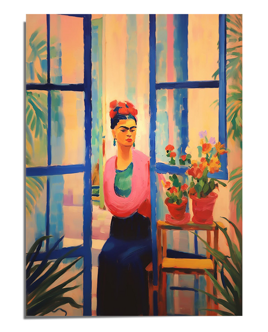 A serene portrait of Frida Kahlo standing near an open blue window, dressed in a flowing pink shawl and a dark blue skirt. Her hair is styled in braids and adorned with bright red and pink flowers. The room is bathed in warm golden light, and a wooden table nearby holds a potted plant with vibrant orange flowers. Greenery peeks in through the window, adding a fresh and tranquil atmosphere.