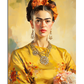 A refined portrait of Frida Kahlo wearing a flowing yellow dress with floral details, a gold necklace, and matching earrings. Her dark hair is braided and wrapped with a golden headscarf. She holds a bouquet of soft pink flowers, and her calm yet intense gaze is framed by a softly painted background in warm neutral tones.