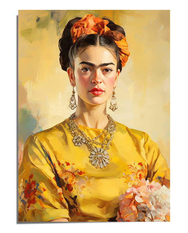 A refined portrait of Frida Kahlo wearing a flowing yellow dress with floral details, a gold necklace, and matching earrings. Her dark hair is braided and wrapped with a golden headscarf. She holds a bouquet of soft pink flowers, and her calm yet intense gaze is framed by a softly painted background in warm neutral tones.