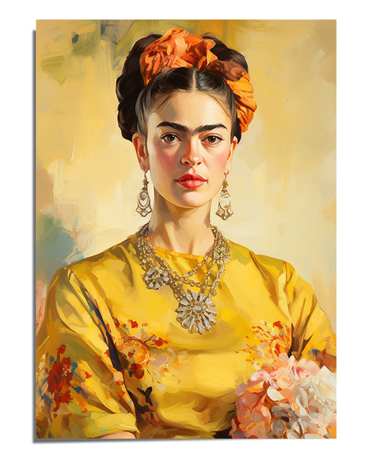 A refined portrait of Frida Kahlo wearing a flowing yellow dress with floral details, a gold necklace, and matching earrings. Her dark hair is braided and wrapped with a golden headscarf. She holds a bouquet of soft pink flowers, and her calm yet intense gaze is framed by a softly painted background in warm neutral tones.