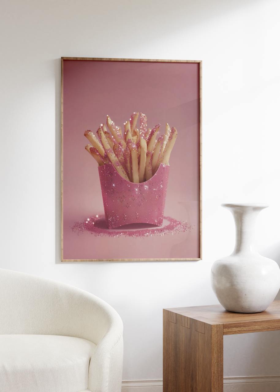 Framed artwork of pink fries on a wall above a white chair and wooden side table.