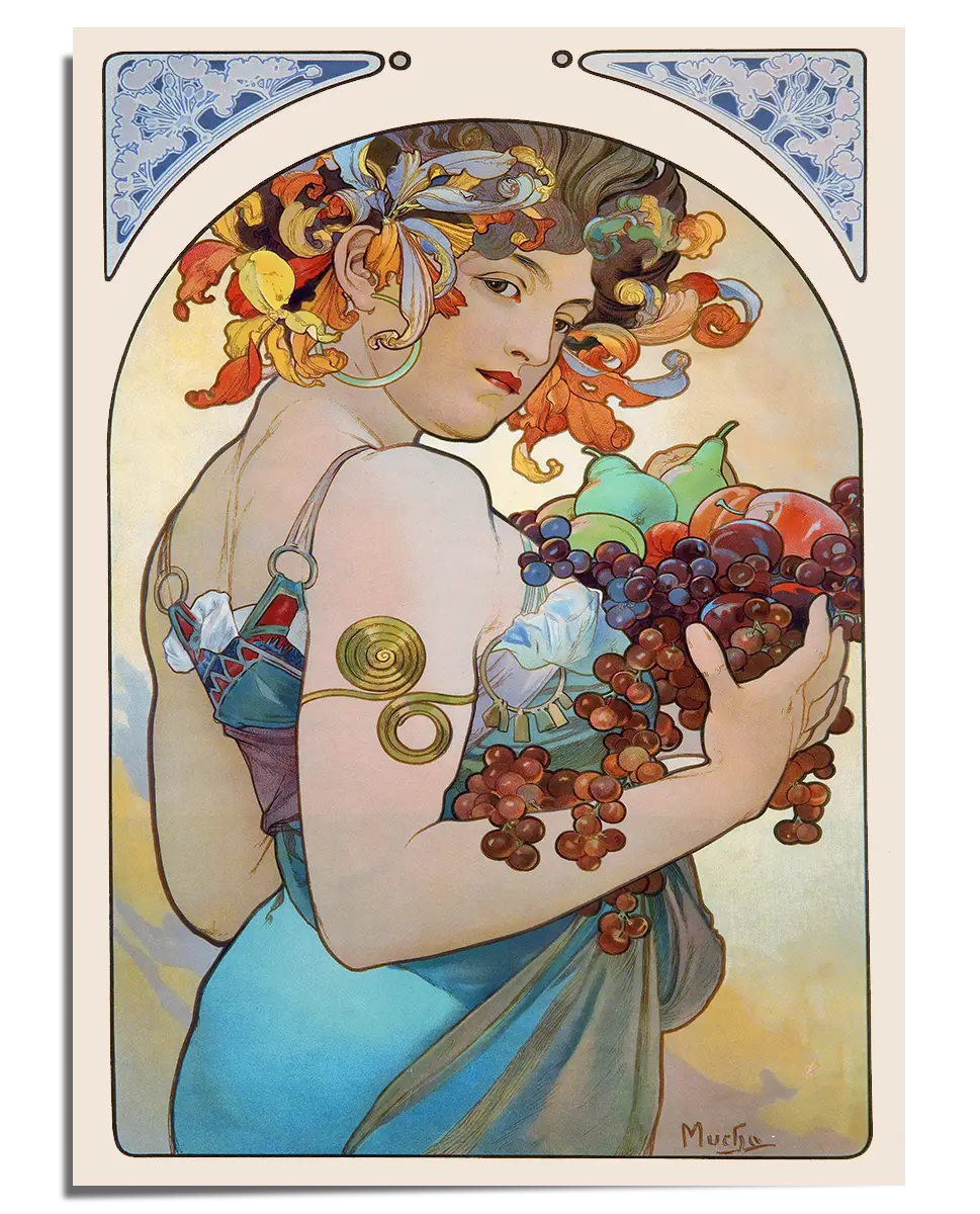A vintage Art Nouveau illustration featuring a woman with dark curly hair, adorned with an elaborate floral headdress and golden jewelry. She wears a flowing blue gown and holds a collection of ripe fruits, including grapes and apples. The background features soft pastel hues and an elegant arched frame with decorative blue patterns, enhancing the graceful and luxurious aesthetic of the artwork.