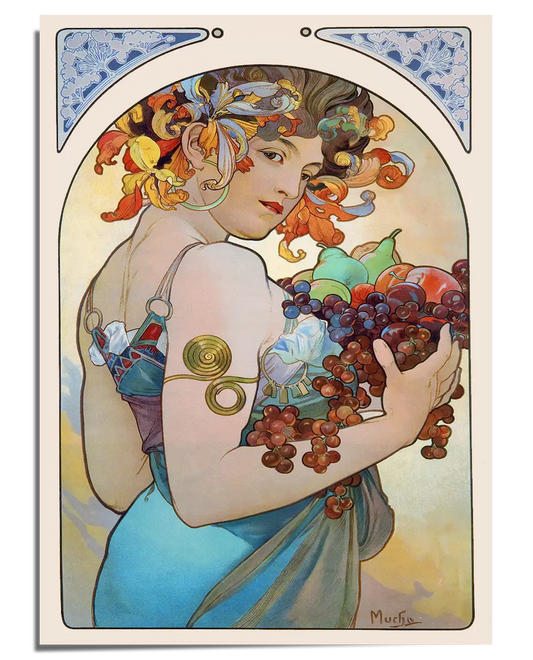 A vintage Art Nouveau illustration featuring a woman with dark curly hair, adorned with an elaborate floral headdress and golden jewelry. She wears a flowing blue gown and holds a collection of ripe fruits, including grapes and apples. The background features soft pastel hues and an elegant arched frame with decorative blue patterns, enhancing the graceful and luxurious aesthetic of the artwork.