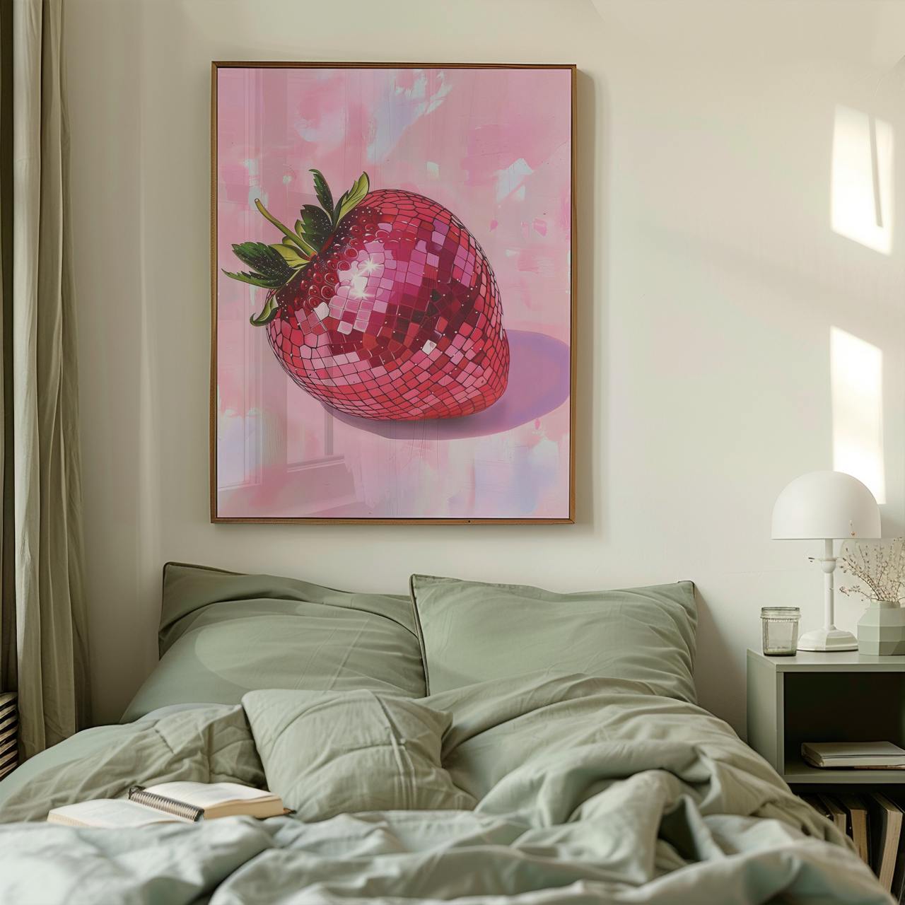Framed artwork of a disco ball strawberry on a wall above a bed.