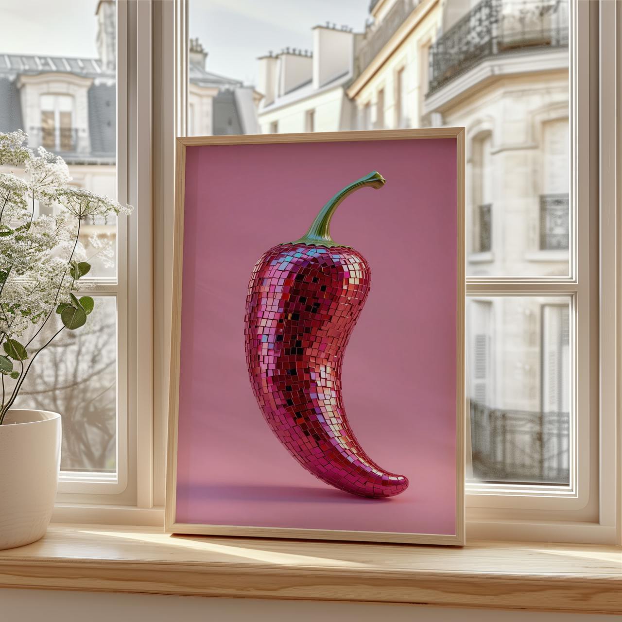 Framed artwork of a pink mosaic pepper on a windowsill with a cityscape background