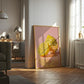 Living room with a pink abstract art print featuring lemons.