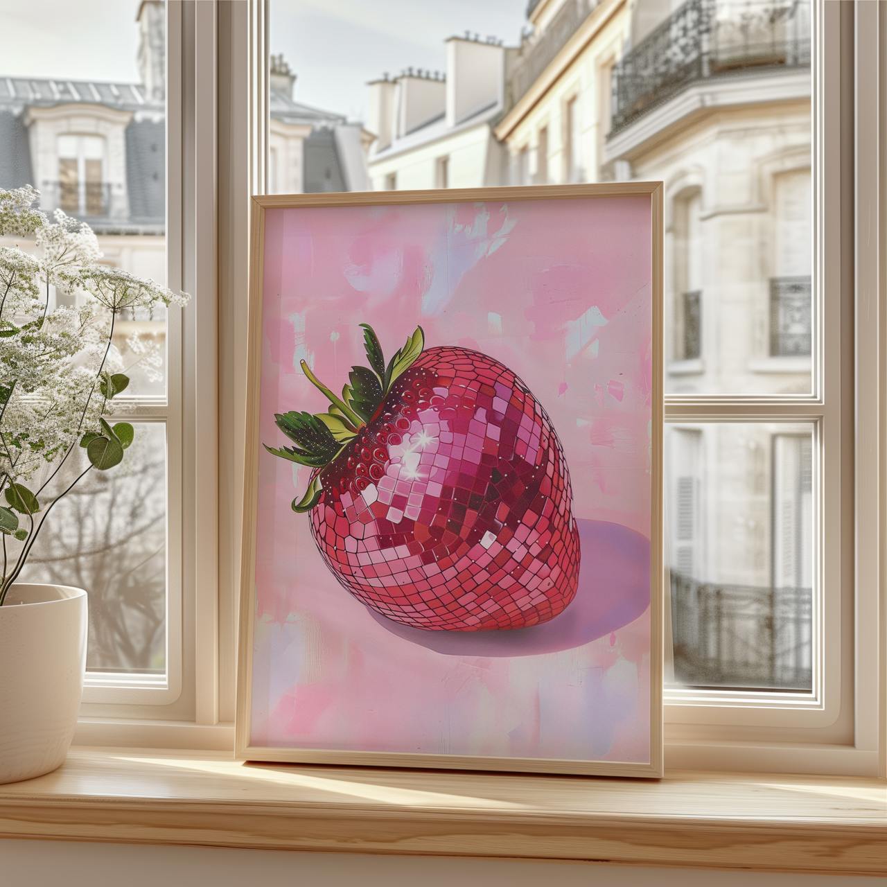 Framed artwork of a disco strawberry on a windowsill with a cityscape in the background