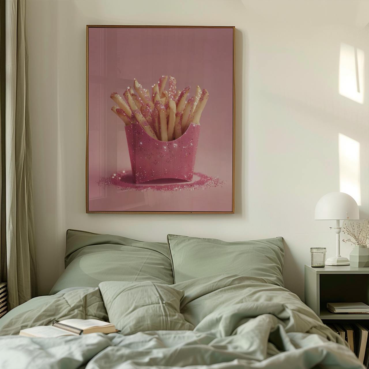 Bedroom with a pink framed artwork above the bed