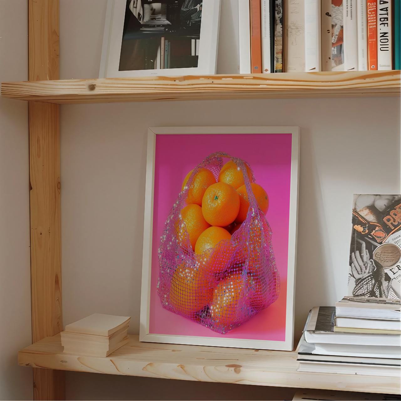Framed artwork of oranges in a bag on a wooden shelf with books