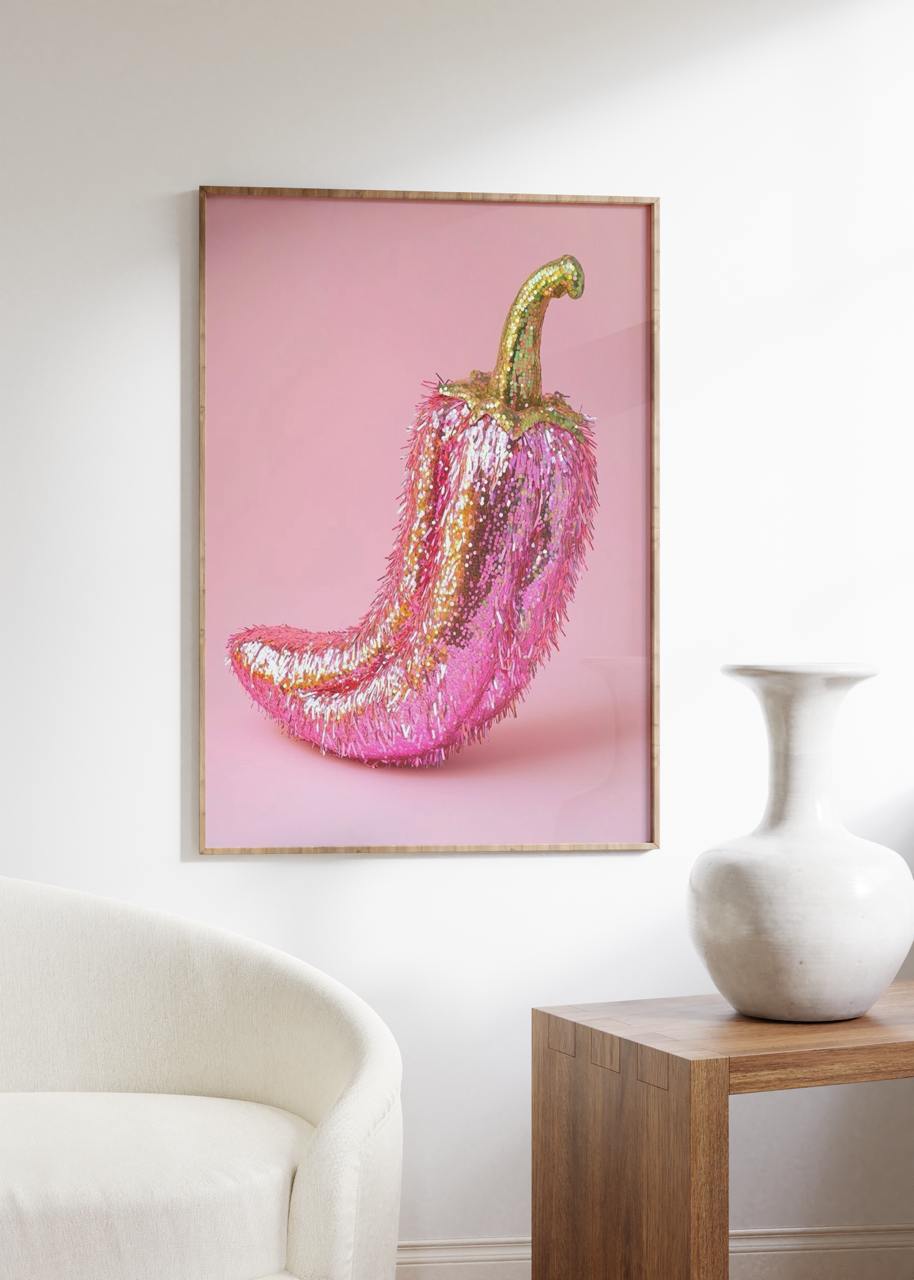 Framed artwork of a pink and gold pepper on a pink background, displayed in a room with a chair and vase.