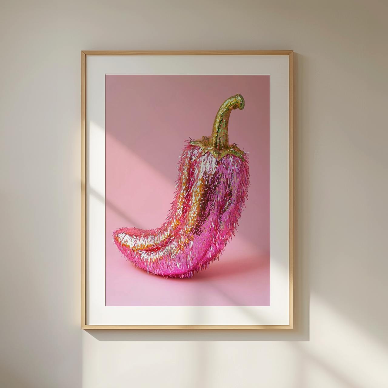 Framed artwork of a pink and gold chili pepper on a pink background