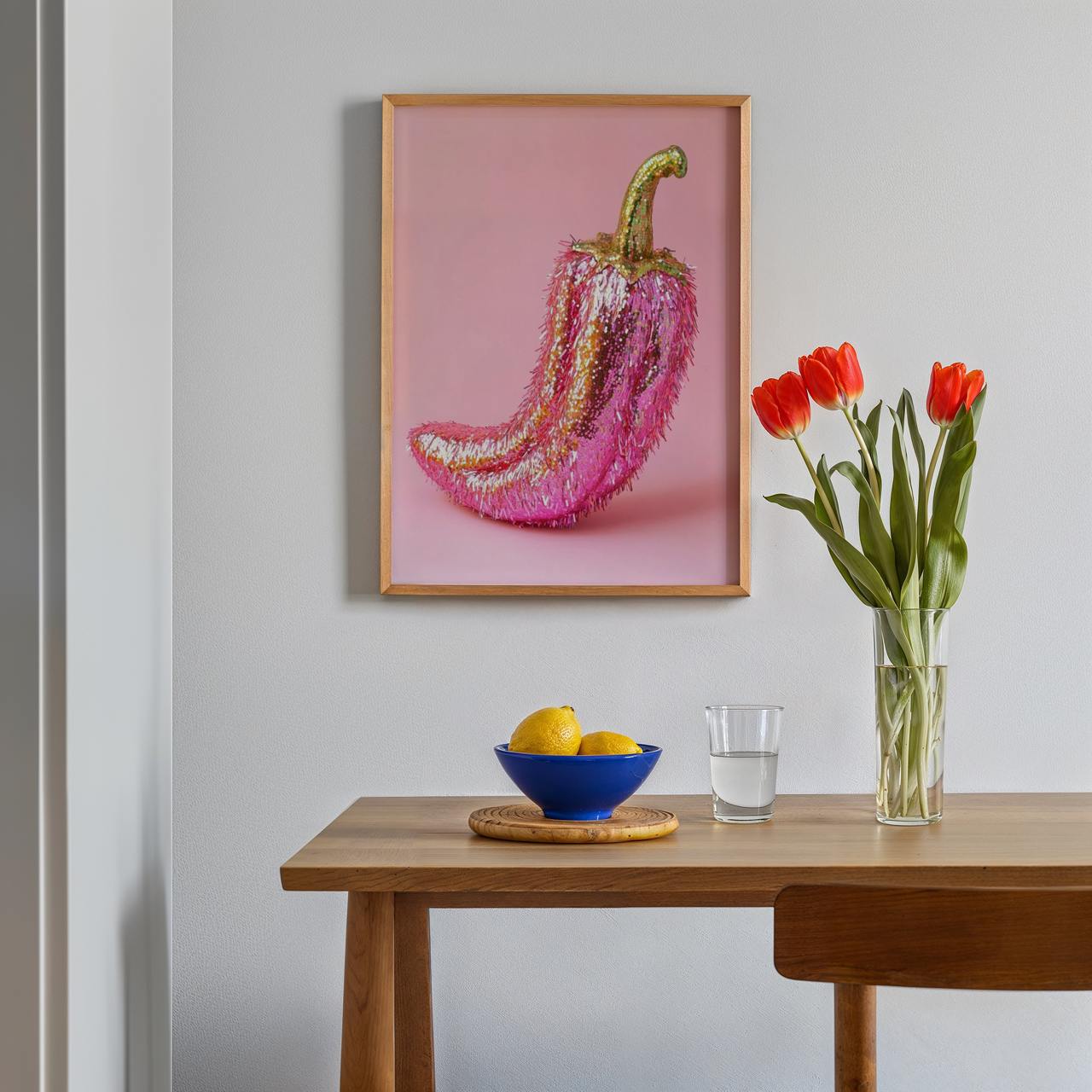 Pink embroidered artwork of a chili pepper on a wall above a wooden table with a bowl, glass, and vase.