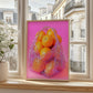 Framed artwork of oranges in a net bag on a windowsill with a cityscape view.