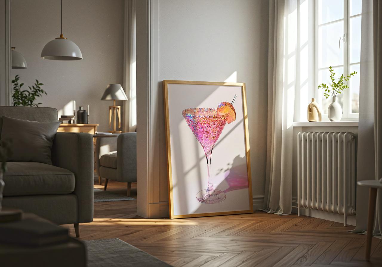 Living room with a large painting of a cocktail on the wall