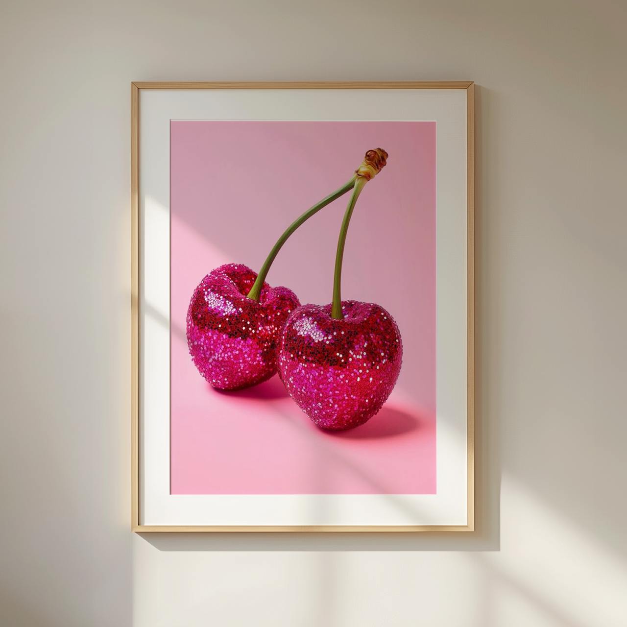 Poster featuring two bright pink glitter cherries with stems on a pastel pink background, framed in wood.