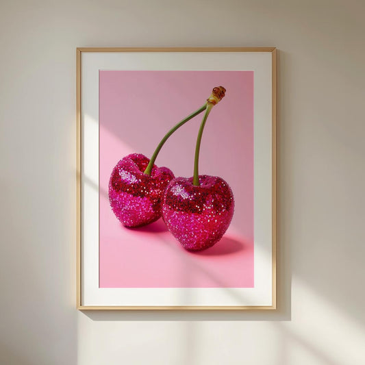 Poster featuring two bright pink glitter cherries with stems on a pastel pink background, framed in wood.