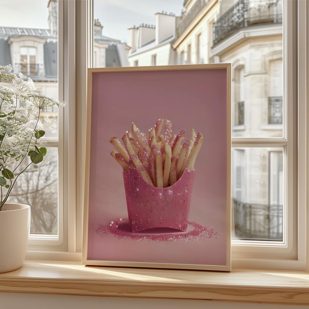 A box of French fries sitting upright, covered in pink glitter, with sparkles scattered around. The container is also pink and shiny, matching the soft pink background. The overall look is glamorous, playful, and styled like a fashion accessory.