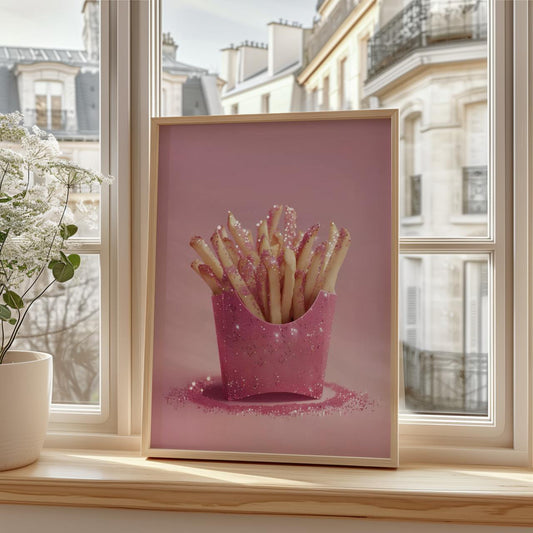 A box of French fries sitting upright, covered in pink glitter, with sparkles scattered around. The container is also pink and shiny, matching the soft pink background. The overall look is glamorous, playful, and styled like a fashion accessory.