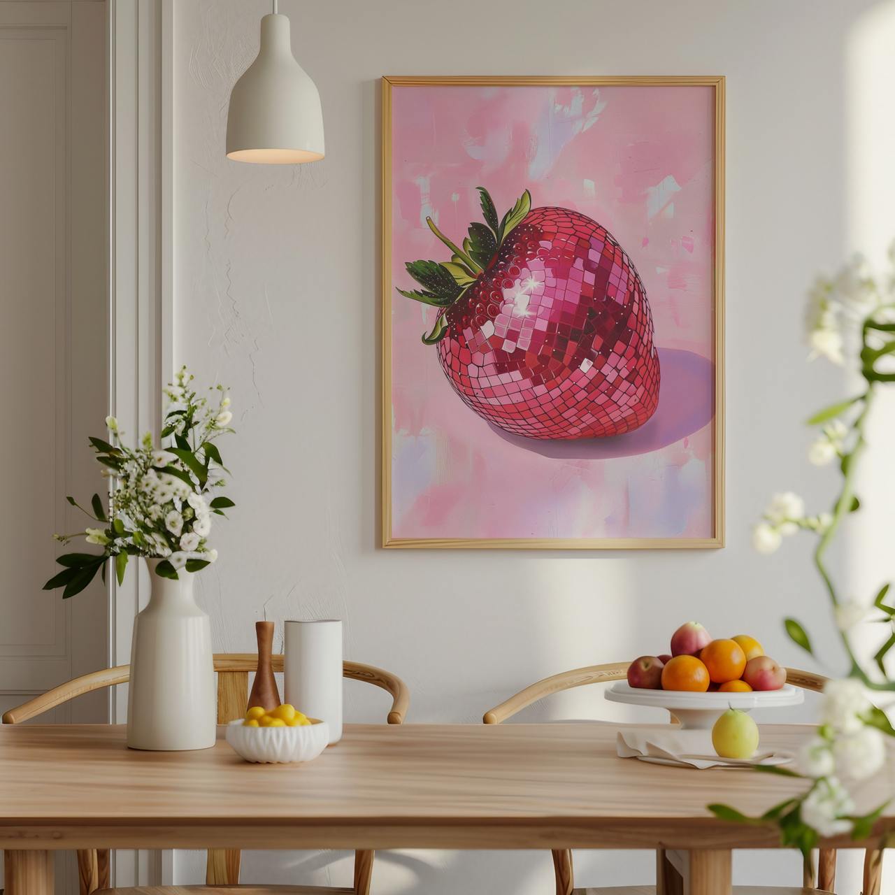 Dining room with a pink disco strawberry artwork on the wall, wooden table, and fruit display.