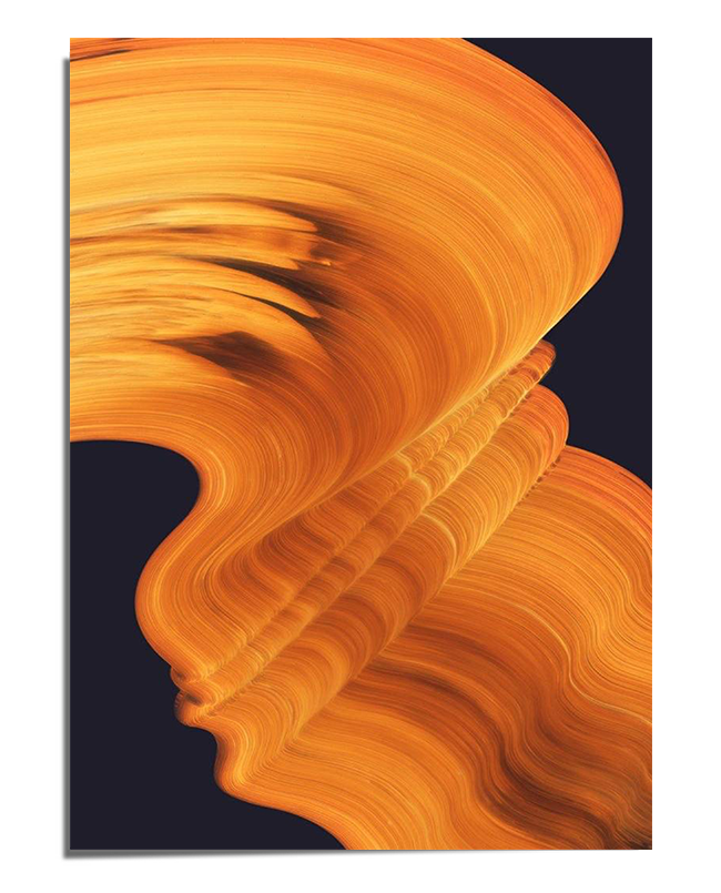 A dark background with smooth, flowing golden-orange brushstrokes that create an abstract wave-like motion. The composition is elegant, minimalistic, and visually striking.