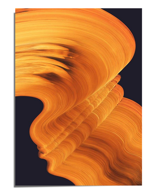 A dark background with smooth, flowing golden-orange brushstrokes that create an abstract wave-like motion. The composition is elegant, minimalistic, and visually striking.