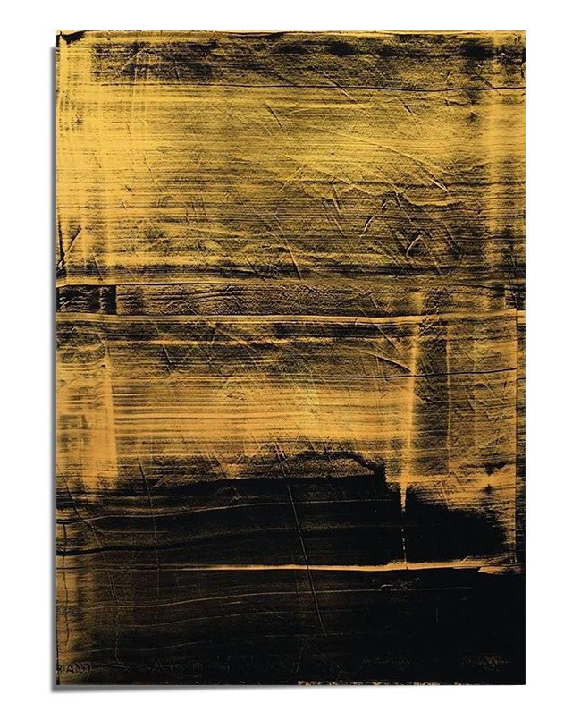 A textured abstract painting featuring a rich combination of black and gold brushstrokes. The layering creates depth and contrast, giving the artwork a bold and expressive appearance.