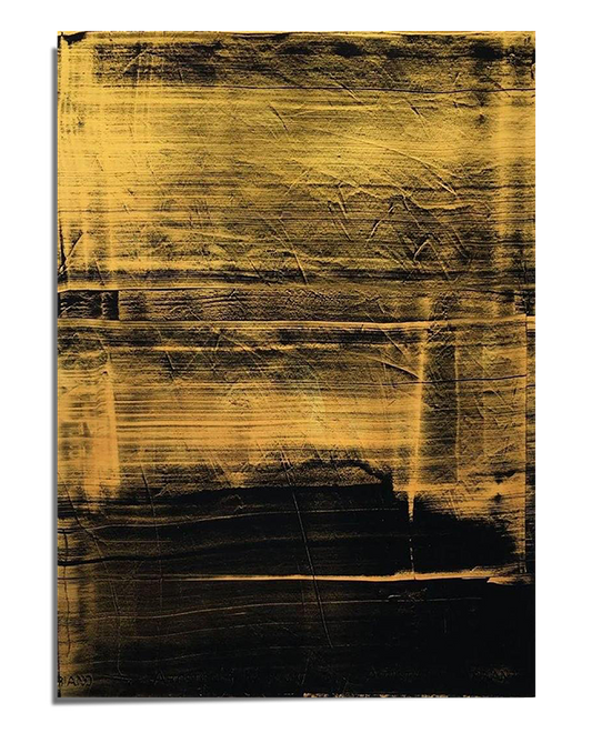 A textured abstract painting featuring a rich combination of black and gold brushstrokes. The layering creates depth and contrast, giving the artwork a bold and expressive appearance.