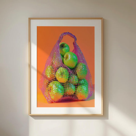 Framed artwork of a bag of green apples on an orange background