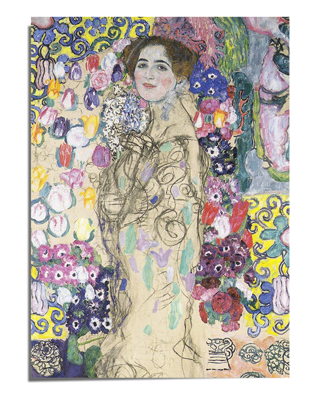 A woman with dark hair and fair skin gazes forward with a soft expression. She is wrapped in a flowing, cream-colored robe adorned with pastel floral patterns. Surrounding her is a vibrant mix of purple, yellow, and blue flowers, along with swirling decorative elements that blend into the background. Some areas of the artwork appear more sketch-like, adding to its unique and expressive quality.