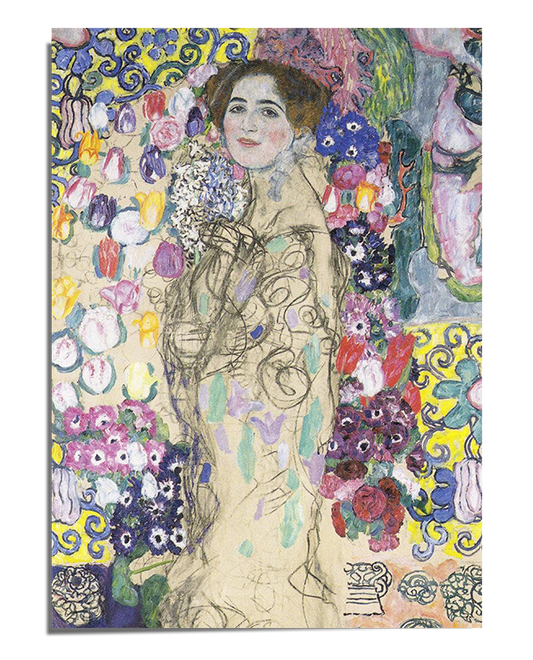 A woman with dark hair and fair skin gazes forward with a soft expression. She is wrapped in a flowing, cream-colored robe adorned with pastel floral patterns. Surrounding her is a vibrant mix of purple, yellow, and blue flowers, along with swirling decorative elements that blend into the background. Some areas of the artwork appear more sketch-like, adding to its unique and expressive quality.