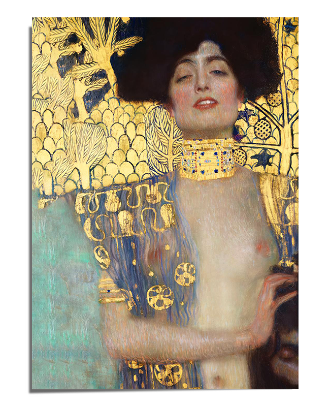 A woman with dark hair tilts her head back slightly, her lips parted in a sultry expression. She wears an ornate golden choker and a richly patterned robe with blue and gold floral motifs. Her upper body is partially bare, exuding sensuality and confidence. The shimmering gold background, adorned with intricate patterns, creates a luxurious and dreamlike atmosphere. Her gaze is both distant and commanding, embodying the allure and mystique characteristic of Gustav Klimt’s work.