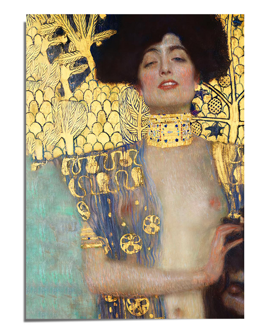 A woman with dark hair tilts her head back slightly, her lips parted in a sultry expression. She wears an ornate golden choker and a richly patterned robe with blue and gold floral motifs. Her upper body is partially bare, exuding sensuality and confidence. The shimmering gold background, adorned with intricate patterns, creates a luxurious and dreamlike atmosphere. Her gaze is both distant and commanding, embodying the allure and mystique characteristic of Gustav Klimt’s work.