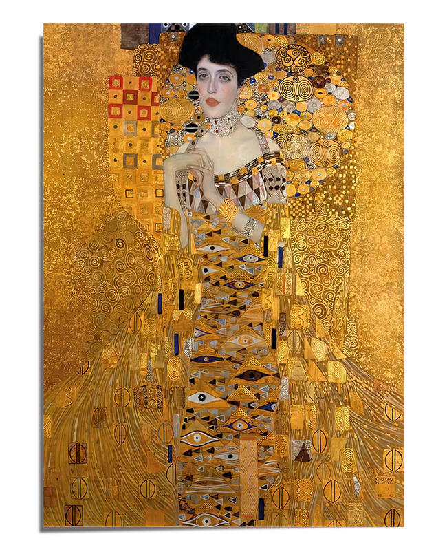 A woman with dark hair and a delicate expression is depicted in an ornate, golden gown that blends into the richly decorated background. Her hands are gently placed together, and her gaze is soft yet commanding. The artwork is filled with shimmering gold leaf, geometric shapes, and mosaic-like patterns, creating a sense of opulence and grandeur.