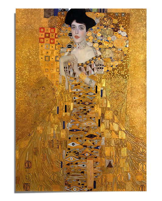 A woman with dark hair and a delicate expression is depicted in an ornate, golden gown that blends into the richly decorated background. Her hands are gently placed together, and her gaze is soft yet commanding. The artwork is filled with shimmering gold leaf, geometric shapes, and mosaic-like patterns, creating a sense of opulence and grandeur.