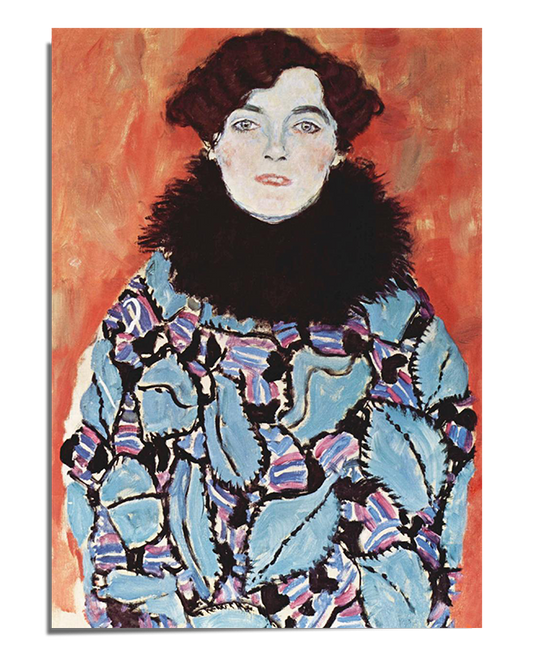 A painted portrait of a woman with short brown curls and striking blue eyes. She wears a richly decorated teal and violet garment, adorned with an intricate swirling pattern, and a black feather collar around her neck. Her pale skin contrasts against the warm, vibrant orange background, enhancing the depth and intensity of the composition.