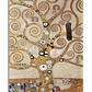 A golden tree with swirling, spiral branches spreads across the canvas, adorned with intricate mosaic-like patterns. Small geometric shapes, including black and white rectangles, circles, and triangles, decorate the tree trunk and branches. An owl perches on one of the branches, while the lower part of the artwork features a richly patterned ground filled with colorful floral and abstract motifs. The background has a warm, golden hue, enhancing the artwork’s mystical and decorative appeal.