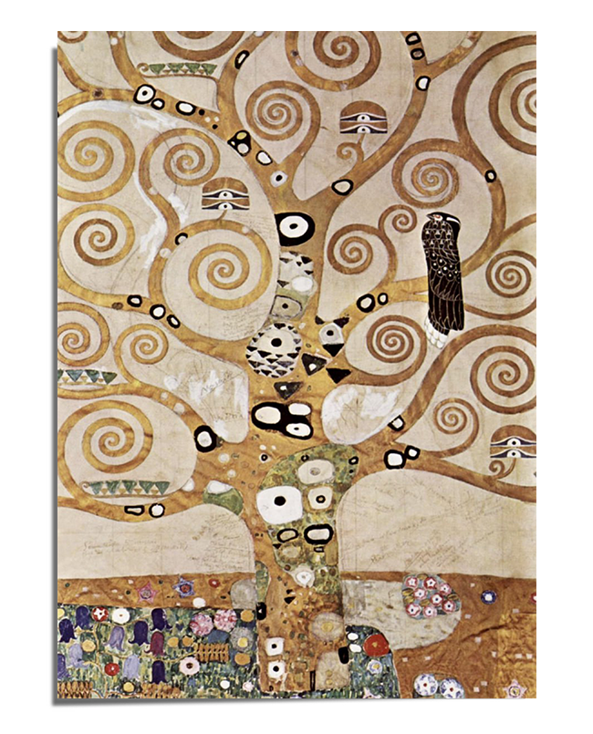 A golden tree with swirling, spiral branches spreads across the canvas, adorned with intricate mosaic-like patterns. Small geometric shapes, including black and white rectangles, circles, and triangles, decorate the tree trunk and branches. An owl perches on one of the branches, while the lower part of the artwork features a richly patterned ground filled with colorful floral and abstract motifs. The background has a warm, golden hue, enhancing the artwork’s mystical and decorative appeal.