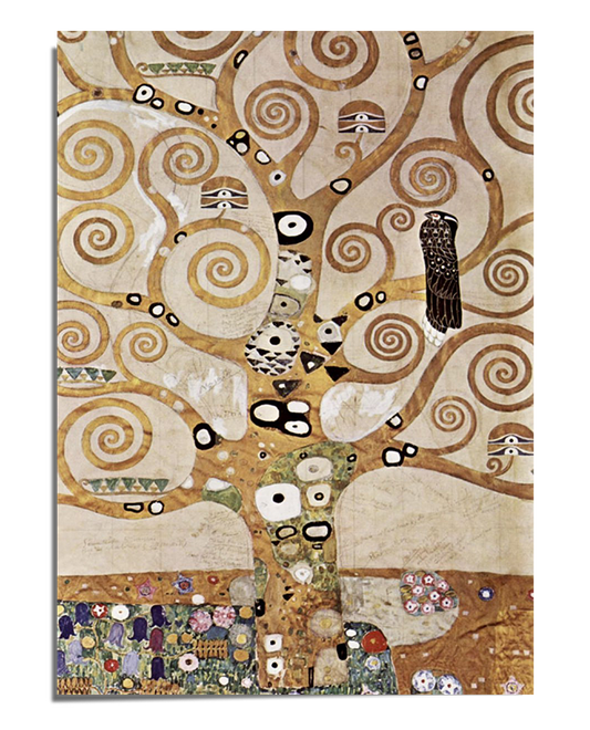 A golden tree with swirling, spiral branches spreads across the canvas, adorned with intricate mosaic-like patterns. Small geometric shapes, including black and white rectangles, circles, and triangles, decorate the tree trunk and branches. An owl perches on one of the branches, while the lower part of the artwork features a richly patterned ground filled with colorful floral and abstract motifs. The background has a warm, golden hue, enhancing the artwork’s mystical and decorative appeal.