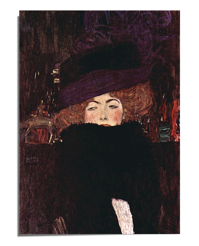 A portrait of a woman with auburn curls, partially hidden behind a dark feather boa. She wears an elaborate purple hat that tilts over her forehead, casting a shadow over her dreamy, half-closed eyes. Her expression is mysterious, and the rich, dark background adds depth and drama to the composition, enhancing the artwork’s moody and luxurious atmosphere.