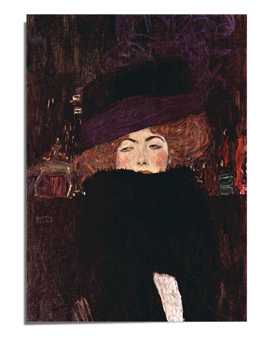 A portrait of a woman with auburn curls, partially hidden behind a dark feather boa. She wears an elaborate purple hat that tilts over her forehead, casting a shadow over her dreamy, half-closed eyes. Her expression is mysterious, and the rich, dark background adds depth and drama to the composition, enhancing the artwork’s moody and luxurious atmosphere.