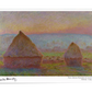 An Impressionist painting showing two haystacks in a field at sunset. The sky is filled with soft colors, transitioning from orange and pink to lavender, while the haystacks are bathed in warm, golden light. The landscape is peaceful and serene, with gentle hues and shadows creating depth.

