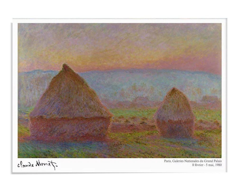 An Impressionist painting showing two haystacks in a field at sunset. The sky is filled with soft colors, transitioning from orange and pink to lavender, while the haystacks are bathed in warm, golden light. The landscape is peaceful and serene, with gentle hues and shadows creating depth.

